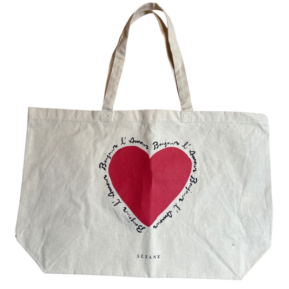 Sézane‎ Bonjour L'Amour Heart Canvas Reusable Shopping Tote Bag 20"x 13"x 5.5